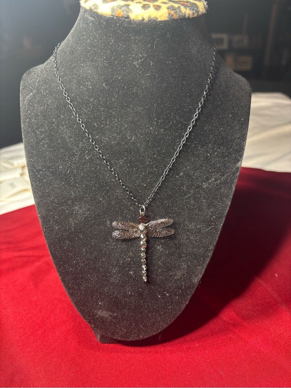New Dragonfly Crystal Pendant Necklace - Gunmetal Chain